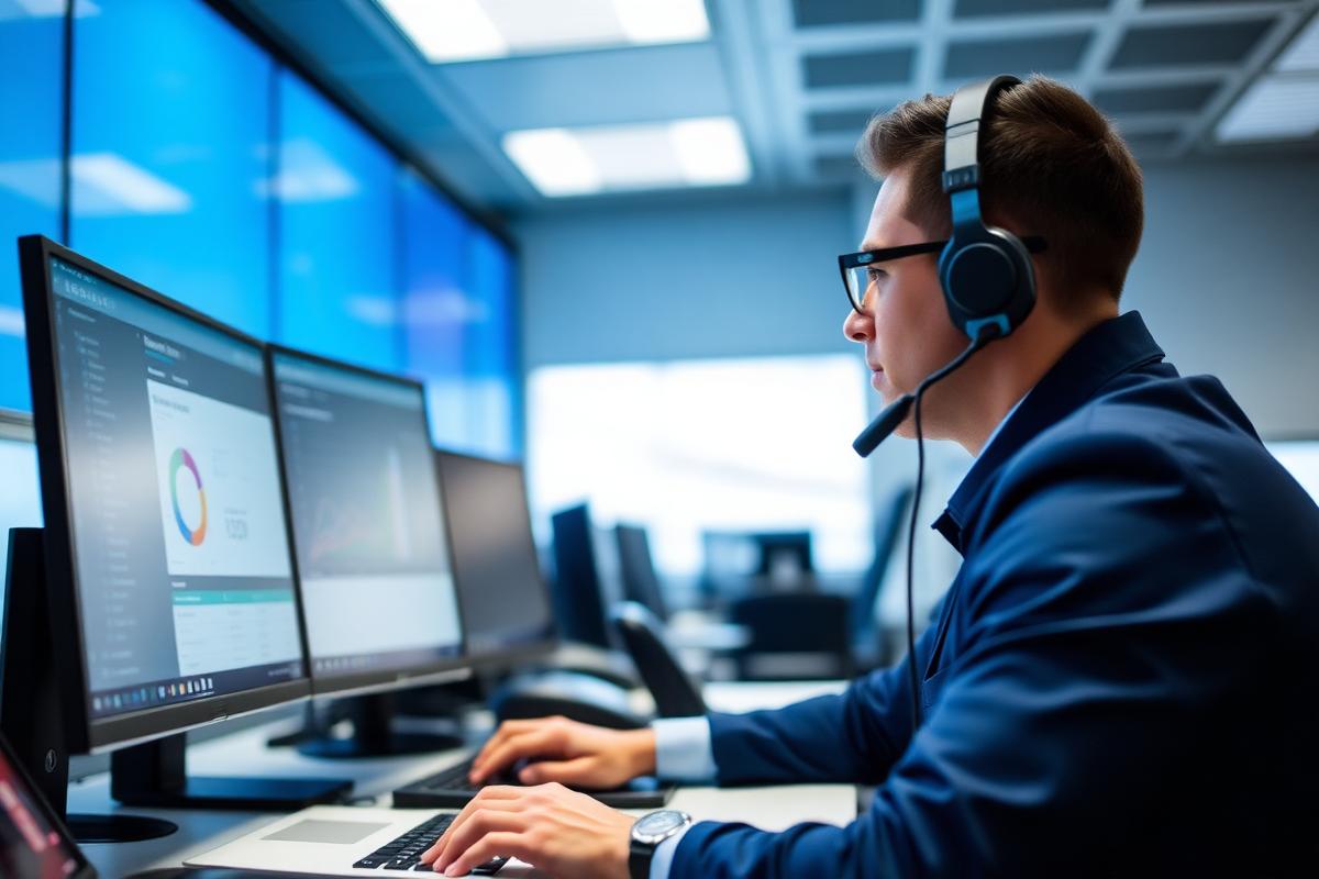 Freight operations specialist reviewing logistics software on office monitors
