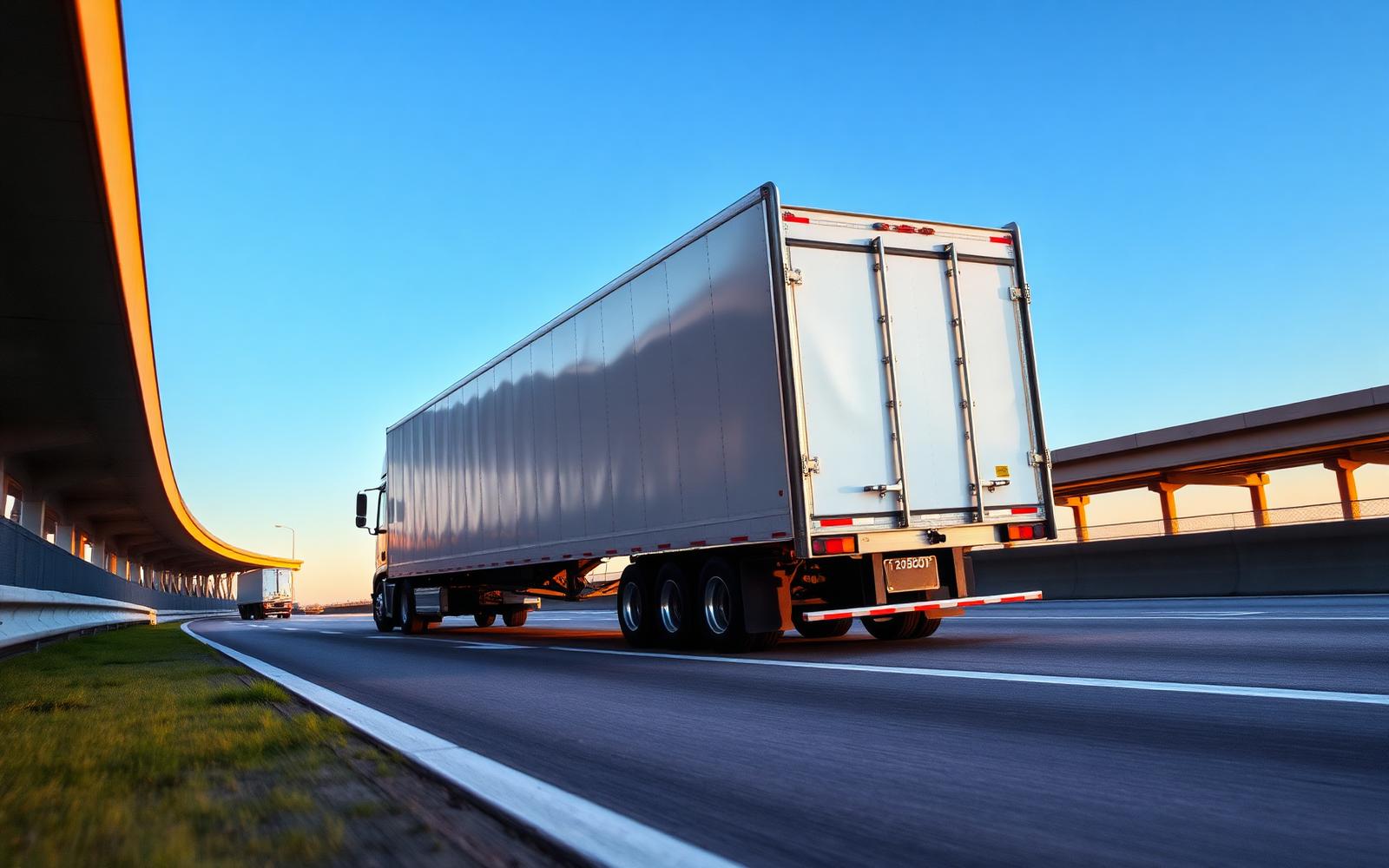 Semi truck with a dry van trailer traveling on an interstate highway
